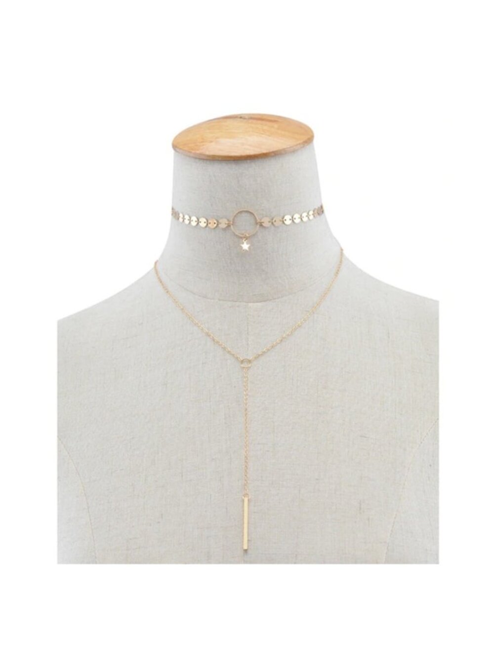 Gold Long Round Lariat Double Layer Bar Tassel Star Choker Necklace